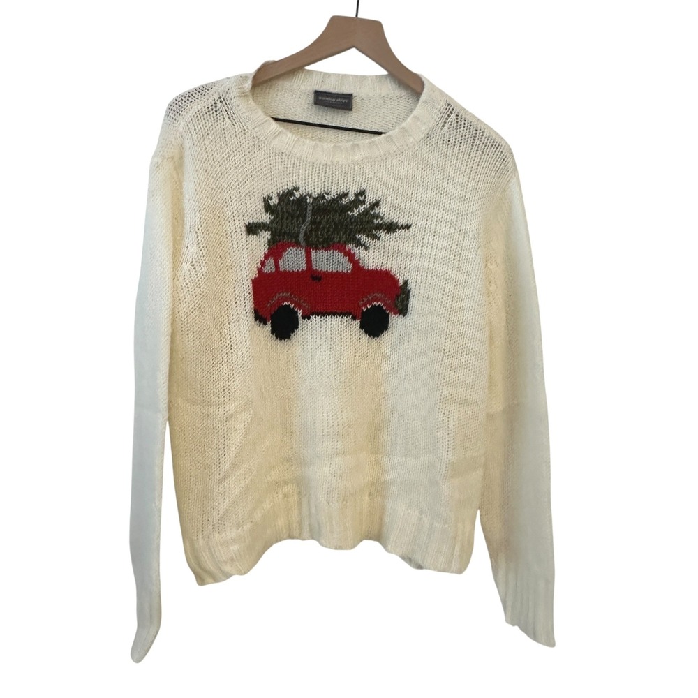 Wooden Ships Christmas Tree Car Sweater‎ Women XS Cream Mohair Wool Knit